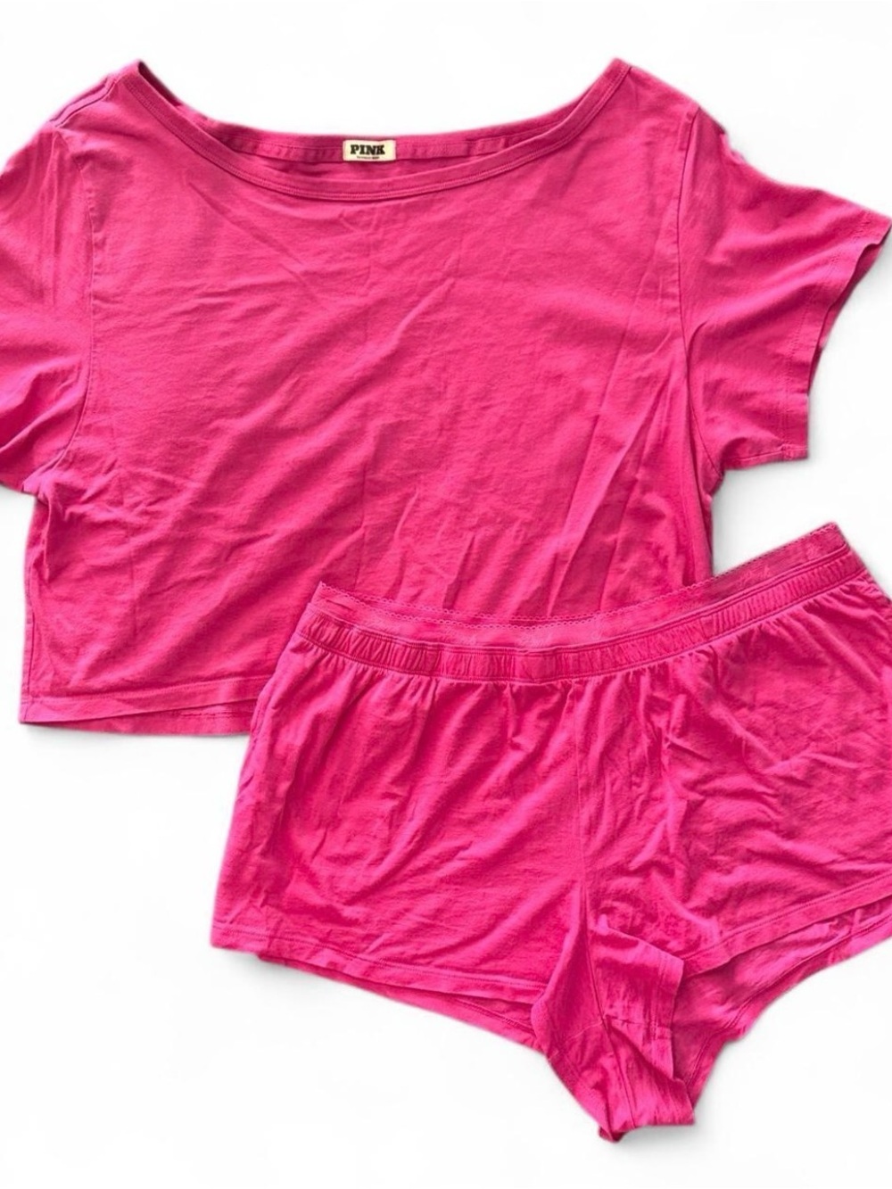 PINK Victoria's Secret Hot Pink Cropped Tee & Elastic Waist Shorts Sleep Set